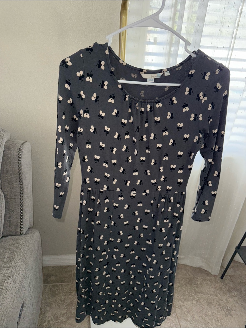 Boden Dark Gray Long Sleeve Floral-Print Dress